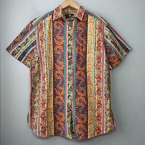 Vintage Hunt Club Size Large Tribal Artsy Linen Button Up Shirt Funky Bohemian